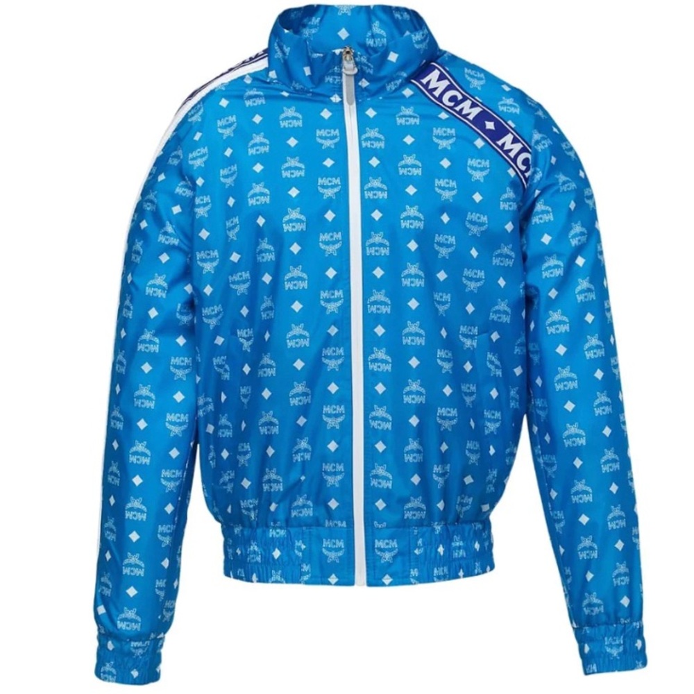 MCM Women's Blue Nylon Bomber Jacket with White Logo Print